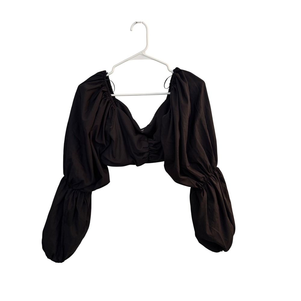 Express Black Puff Sleeve Crop Top Women's L Ruched Balloon Sleeve Trendy Y2K‎